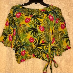 True Destiny Tropical Floral Crop Top – Yellow Palm Print Side Tie – Size XL